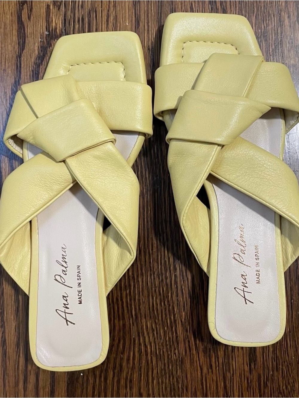Ana Palma made in Spain Lemon Yellow Crisscross Leather Slide Mules